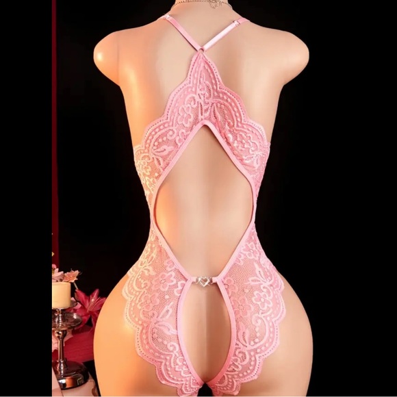 Light Pink & Floral Lace, Crotchless, Lingerie Bodysuit - Picture 3 of 10